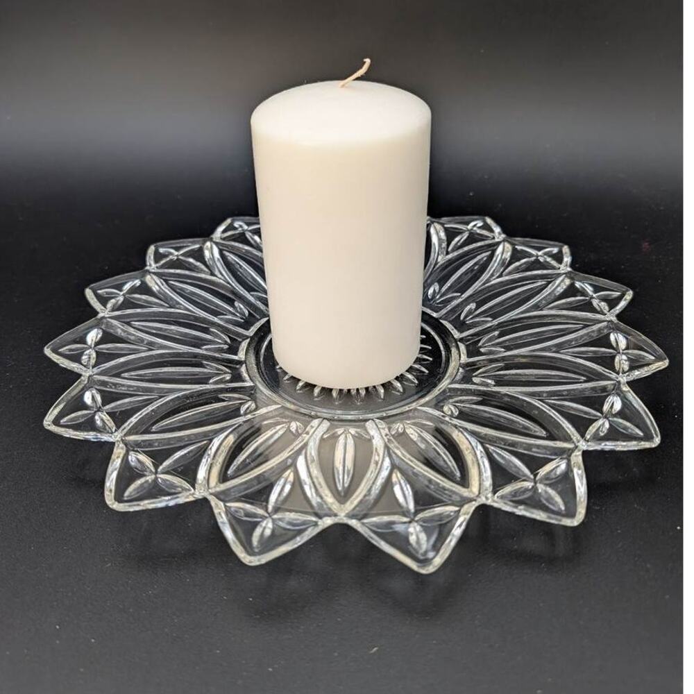 Vintage Federal Glass Plate Vanity Accessory Candle Holder Clear Floral Serving